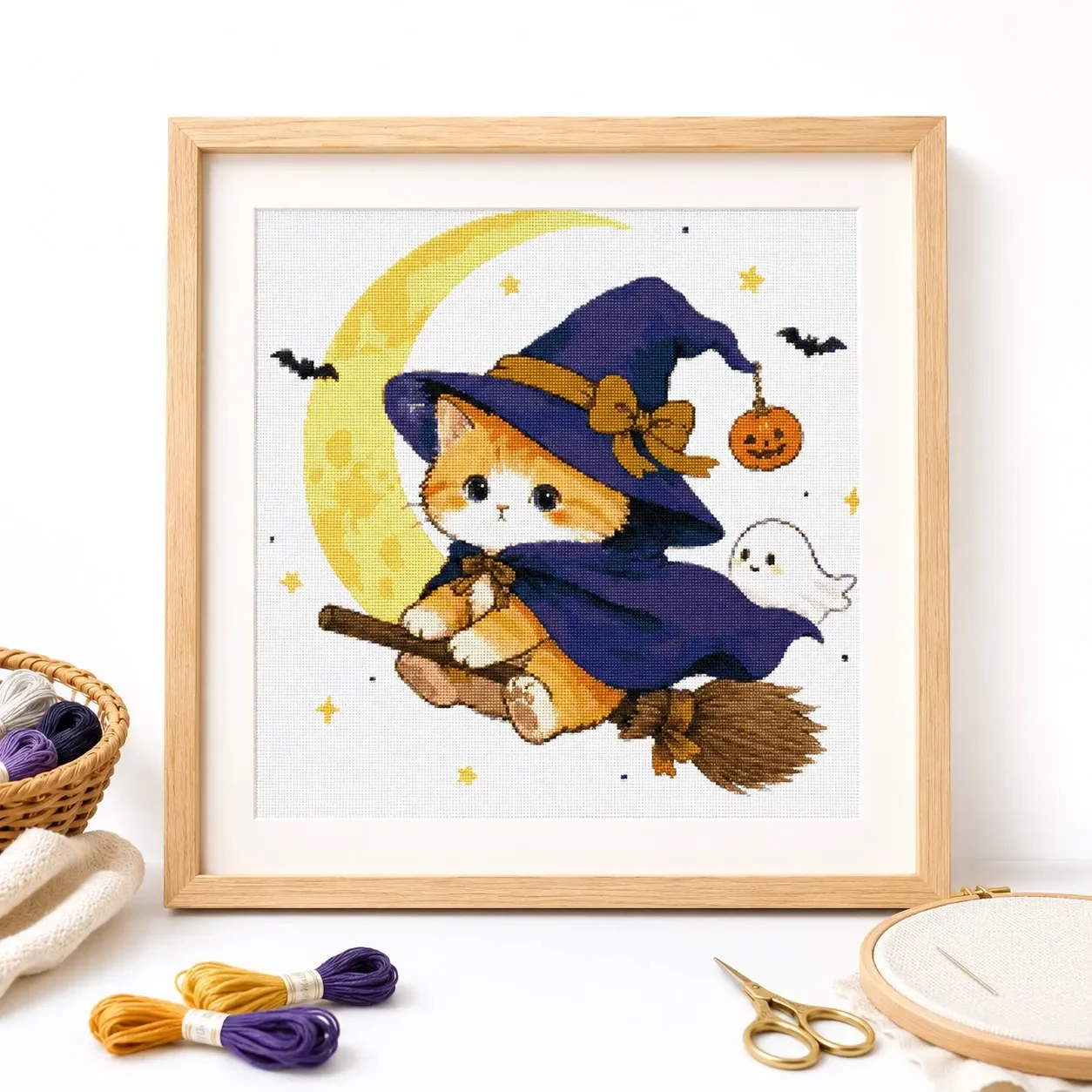 [CC6190-Cat Wizard Riding a Broom]11CT 14CT 16CT DIY Stamped Cross Stitch Kit with Printed Canvas and Cotton Threads Embroidery