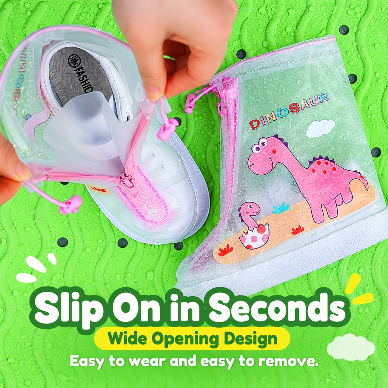 Cartoon Dinosaur Waterproof Shoe Covers for Kids Reusable Rain Boot Protectors Anti-Slip Sole Zipper Outdoor Overshoes