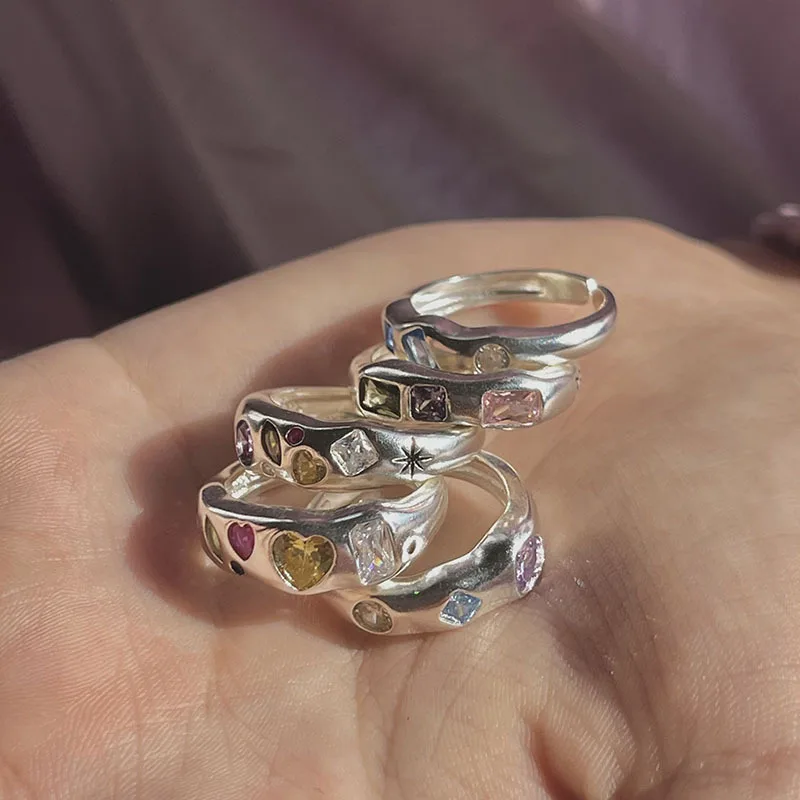 925 Sterling Zilveren Ringen Voor Vrouwen Hart Kleurrijke Steen Minimalistische Open Verstelbare Vinger Ringen Mode Band Vrouwelijke Bijoux