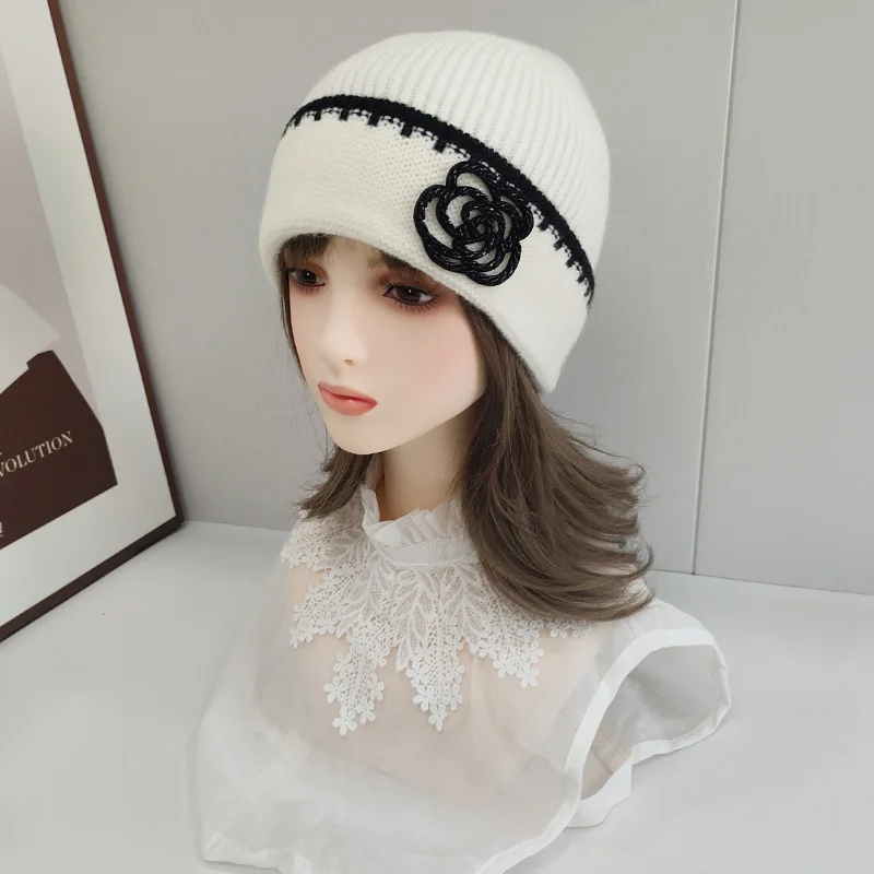 

Hat Flower Women Beanie Winter Wool Blend Knit Warm Accessory For Autumn Cold Weather Skiing Climb Outdoor Holiday