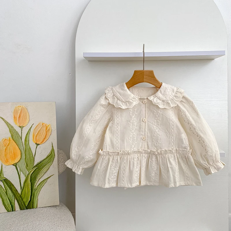 Koreanischer Stil Baby-Mädchen Spitzenbluse mit Puppenkragen, Herbst Langarm-Rüschenhemd, Besticktes Rüschen-Prinzessinnen-Oberteil für Kinder, Lässiges Top – Detail 6