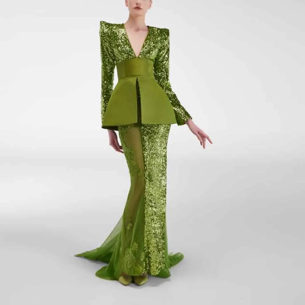 Customized Modest Evening Dress 2025 V Neck Long Sleeve Mermaid فساتين سهرة Transparent Bottom vestidos de gala Outfit