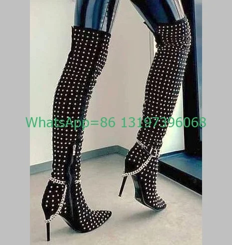 Lady sexy studed design over the knee boots metal chian pointed toe side zip boots gold punk spiked boots stiletto heel boots 46