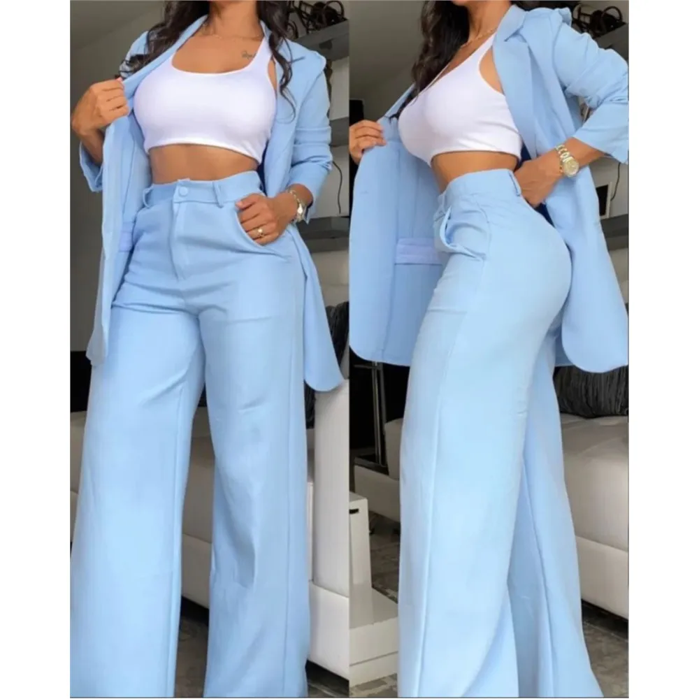 Elegant Autumn Women\'s Blazer & Pants Two Piece Set Female Outifits Fashion Notched Collar Coat & Pocket Design OL Trouser Suit