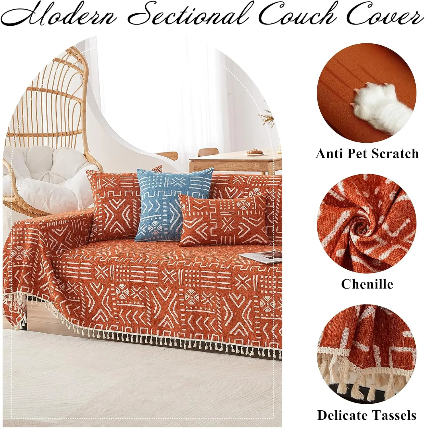 

Vclife Couch Cover For Sectional Sofa, Japanese Sofa Cover With Tassel, Soft Chenille Boho Couch Covers For 3 Cushion Couch