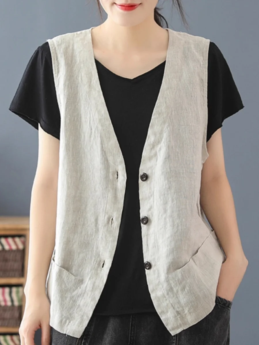 

Хлопковый льняной жилет, топ, женская летняя верхняя одежда, художественная ретро свободная V-Ne Svel, утягивающая тонкая льняная накладка irt