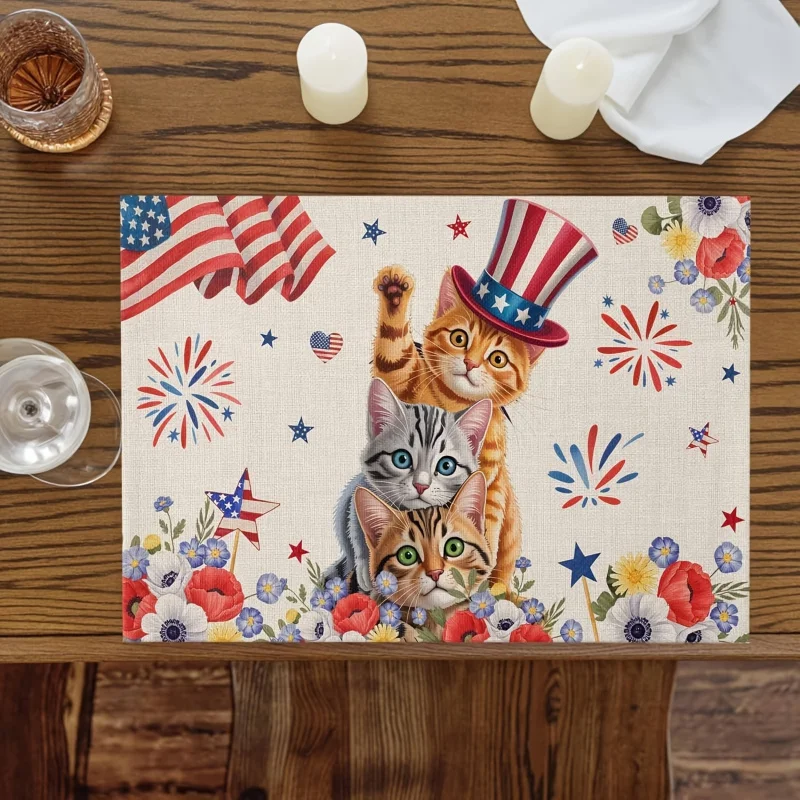 VIKAMA 2/4/6pcs July 4th Cute Cat Meal Mat Polyester Linen Non Slip And Washable Table Mat Home Decoration