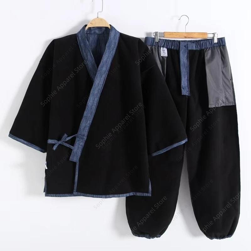 Japanese Samue Winter Warm Set Men Women Thick Fleece-Lined Workwear Robe Solid Cuffed Drawstring Pants Simple Kimono Suit