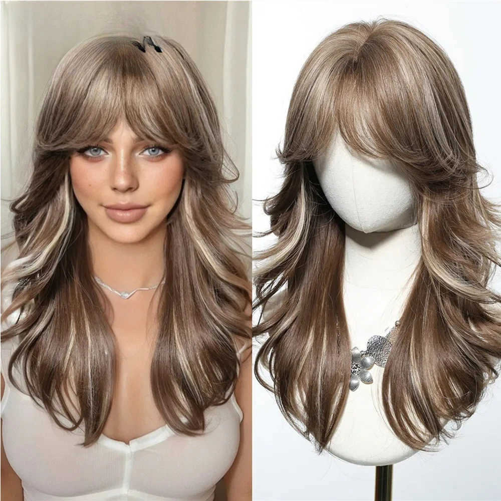 

Eight-character bangs American retro black-brown highlights long curly hair Asian style wig full head hairstyle