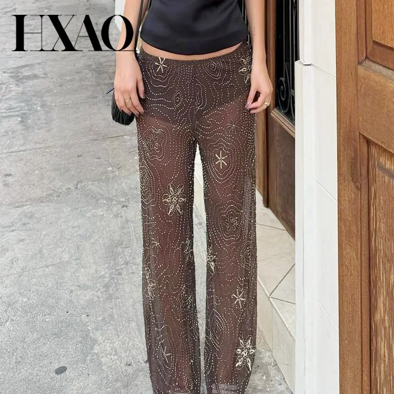 HXAO Women's Sequins Semi-Sheer Pants 2025 Elegant Brown Beading Trousers Fashion High Waist Long Pants Woman Streetwear Pants