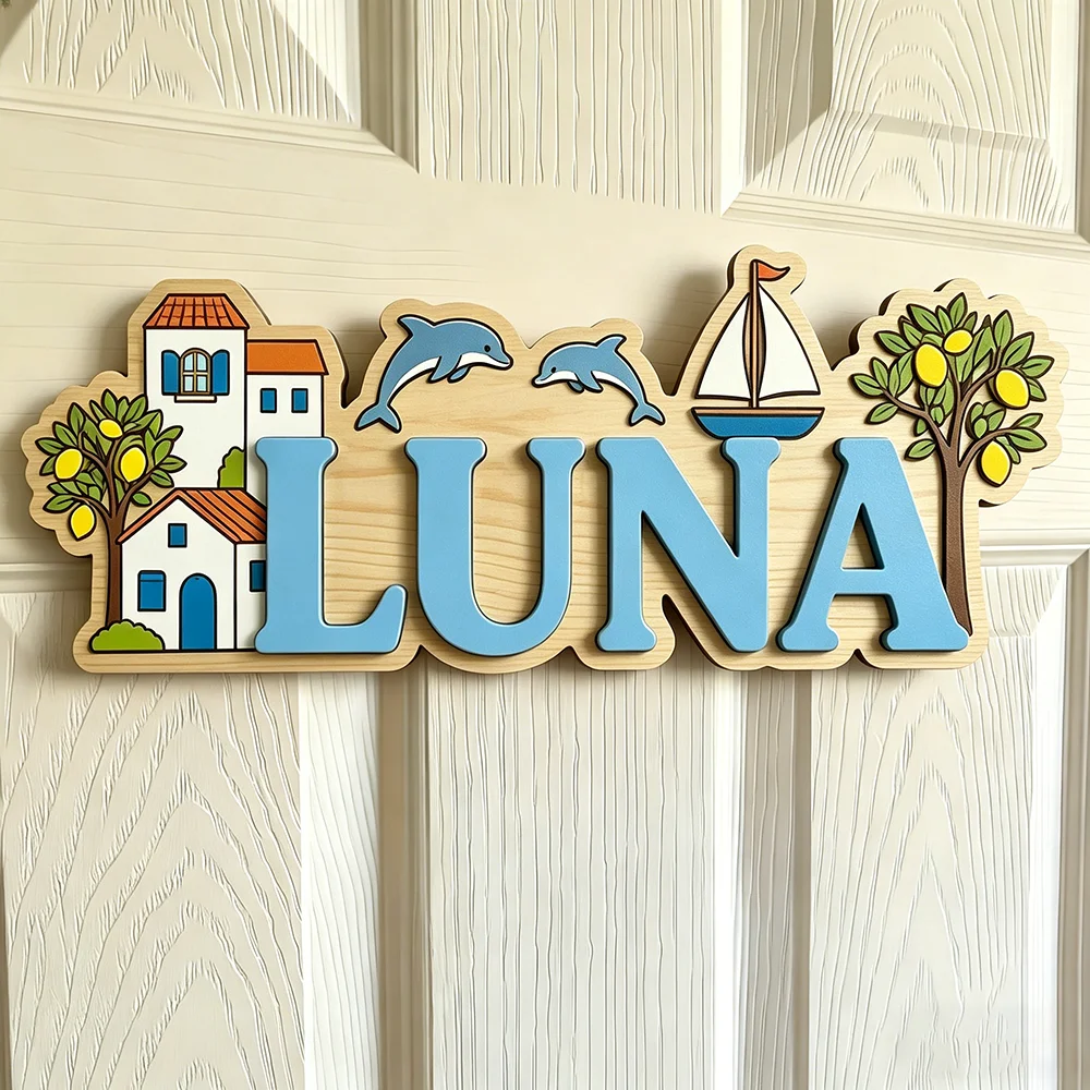Custom Mediterranean Coastal Kids Name Sign for The Dearest Baby, Personalized Wooden Nursery Door Plaque with Dolphin, Sailboat