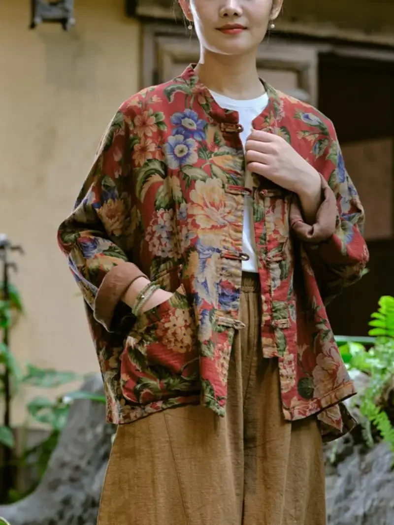 

2025 рубашка с длинными рукавами в китайском национальном стиле в стиле ретро из хлопка и льна с принтом, женская весенне-летняя новая свободная блузка с принтом