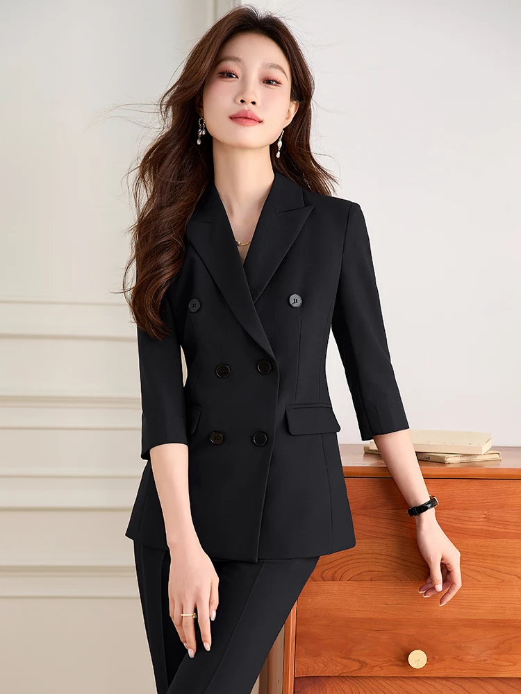 Slim Fit Blue Suit Set for Women Thin mid Sleeve Professional Business Workwear Elegant Managerial High End Commute Fashion