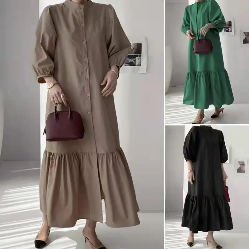 

Elegant Dresses for Women Casual Loose O-Neck Patchwork Fish Tail Retro Button Placket Cardigan Party Dress Long Vestidos D99
