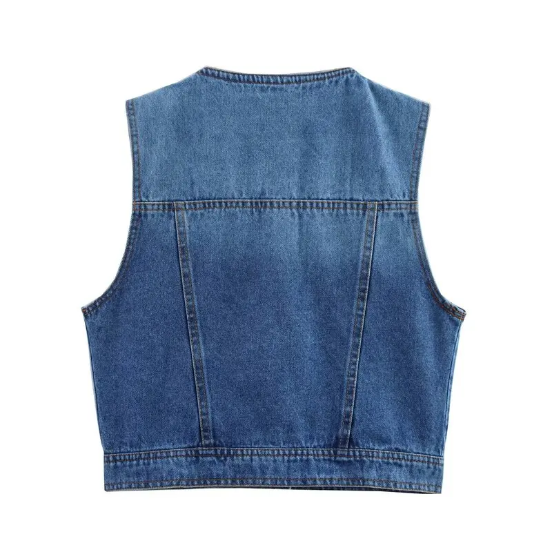 Conjunto de Primavera 2025 Moda Fena Colete Curto de Jeans Sem Mangas com Decote em V Calças Cridas de Cintura Alta No...
