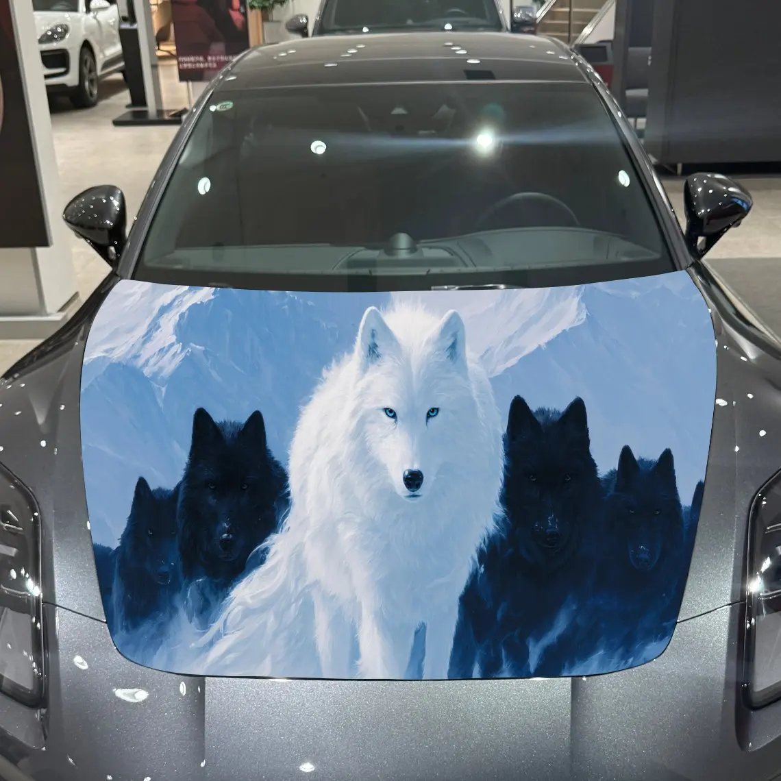 

Snow Wolf Pack Artistic Voyage PVC Car Hood Wraps, Self-Adhesive Waterproof Car Bonnet Decal Sticker, Car Decoration Protection