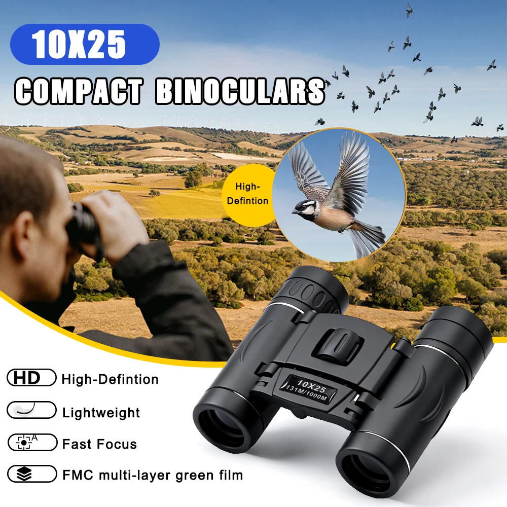 Binoculares HD 10×25, Mini Telescopio de Bolsillo, Telescopio Profesional de Largo Alcance, Óptica para Viajes, Senderismo, Campamento, Ciclismo, Observación de Aves