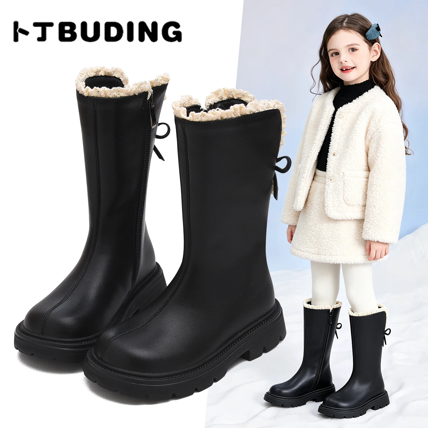 Girls' long boots, children's leather boots, autumn and winter new styles, non slip soft sole single boots, high boots, bow leat