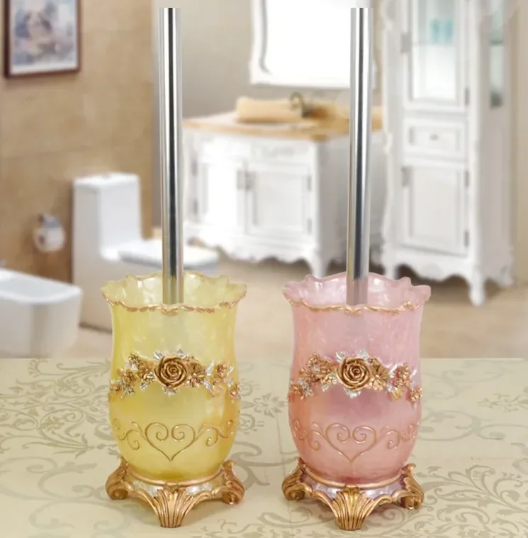 Pink Resin Base Toilet Brush Stainless Steel long-handled Restroom Cleaning Brush Suit Bathroom Accessories Set Home Decoration