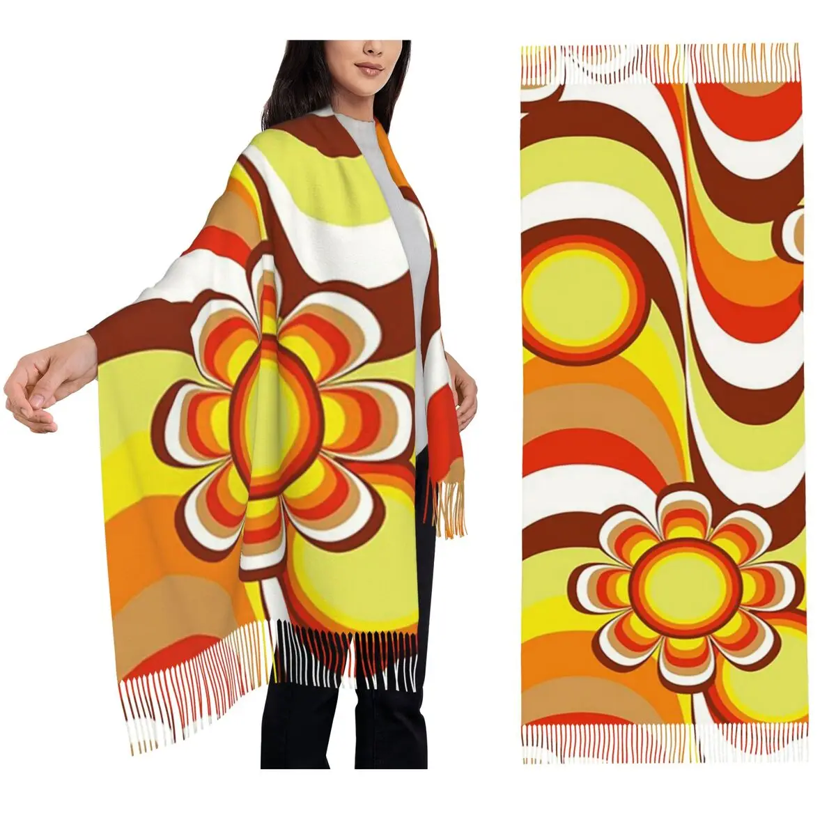 

Groovy 60-х годов психоделический цветочный шарф с кисточками, женские мягкие теплые шали и накидки, большая осенне-зимняя шаль