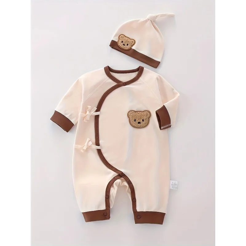 

2026 All Seasons Cute Baby Boy Girl Long-sleeved One-piece Cartoon Bear Rompers with Hat for Infants and Newborns