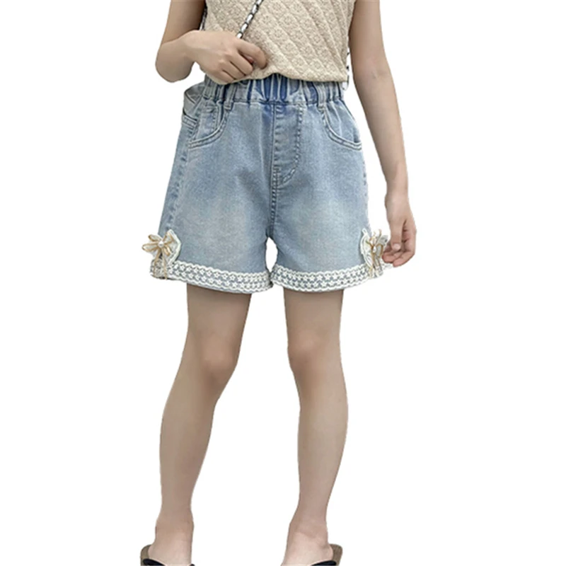 

Summer Kids Baby Retro Blue Mini Denim Shorts with Bows for Toddler Girl y2k Casual Bowknot Above Knee Jeans Pants Child 2-11T