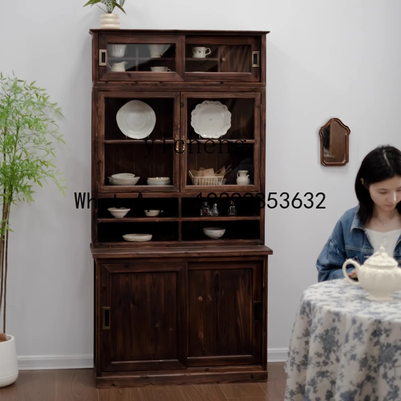 medieval solid wood display cabinet large capacity glass dustproof retro wall storage cabinet