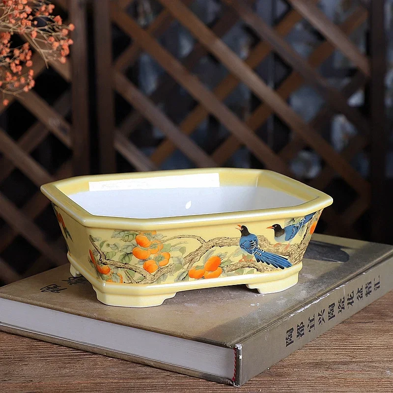 Porcelain Rectangle Bonsai Pot, Traditional Chinese Pattern, Room, Home Table, Desk, Garden Decoration