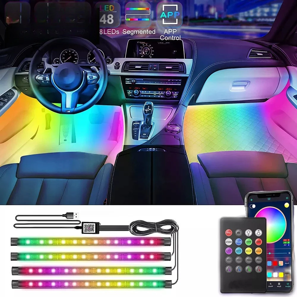 

Car Interior LED Ambient Light Strip APP Control RGB Music Sync Footwell Decoration Atmosphere Light Voice Remote Control Kit