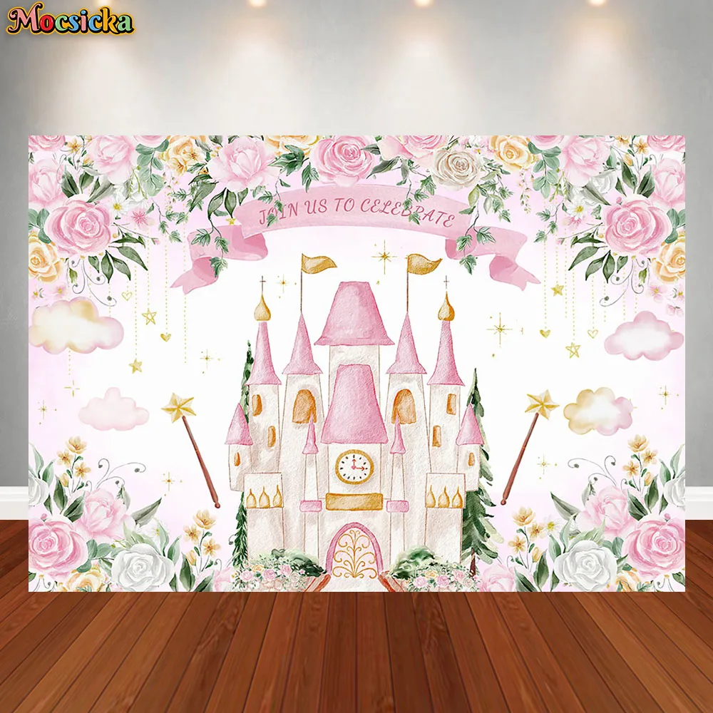 

Join Us To Celebrate Photo Background Banner Castle Pink Rose Girl Birthday Party Decor Baby Shower Backdrop Photoshoot Banner