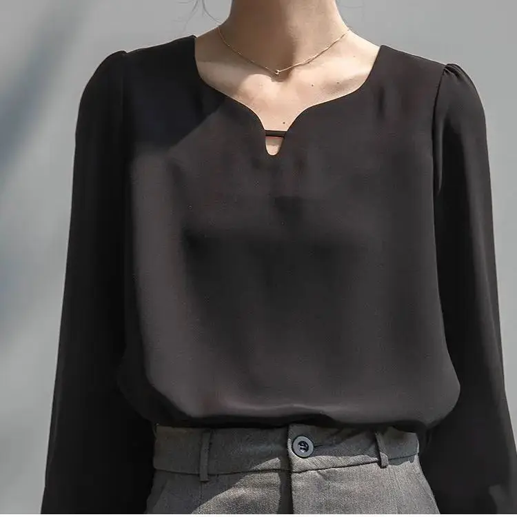 Korea Spring and Summer Women's Long Sleeved V-neck French Bubble Sleeve Solid Color Professional Commuter Chiffon Shirt Blouse