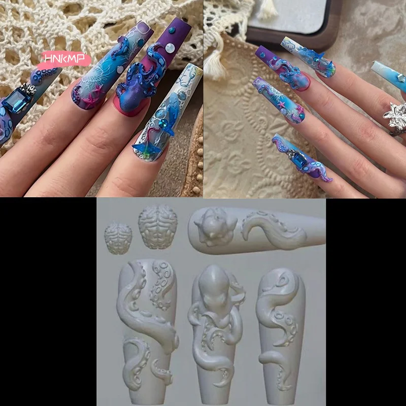 1Pc 3D Silicone Mold for DIY Nail Art Bunny Strawberry Ocean Octopus Cartoon Rabbit Flower Transparent Manicure Design Tool