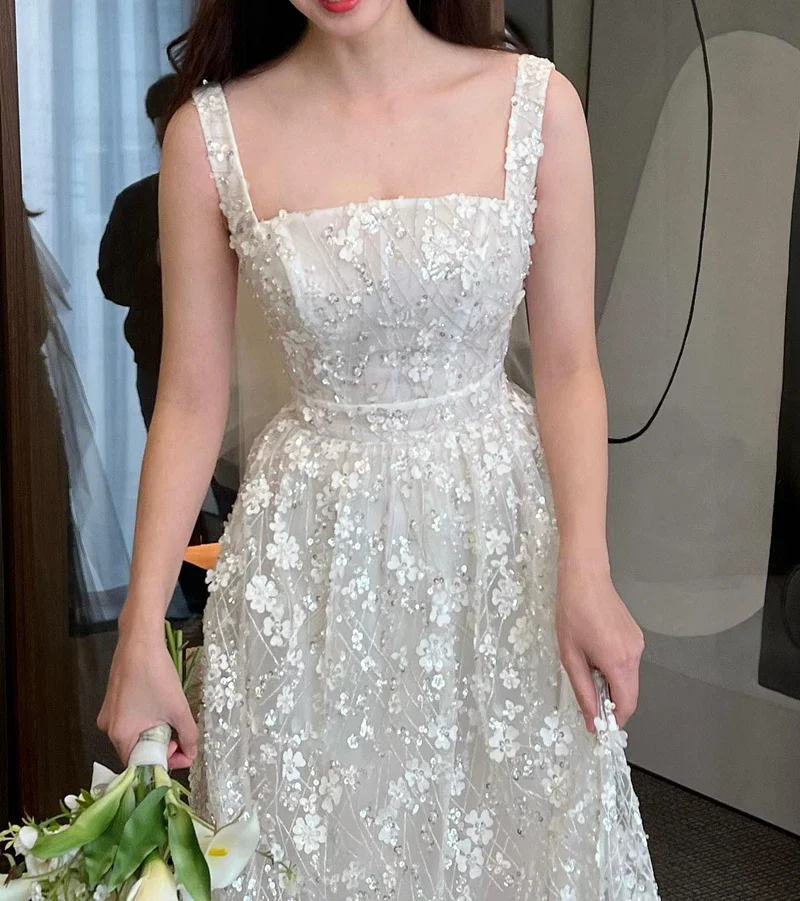 Vestido de novia de lujo con cuello cuadrado para mujer, vestidos de novia sin tirantes de estilo coreano para fotografía, 2024