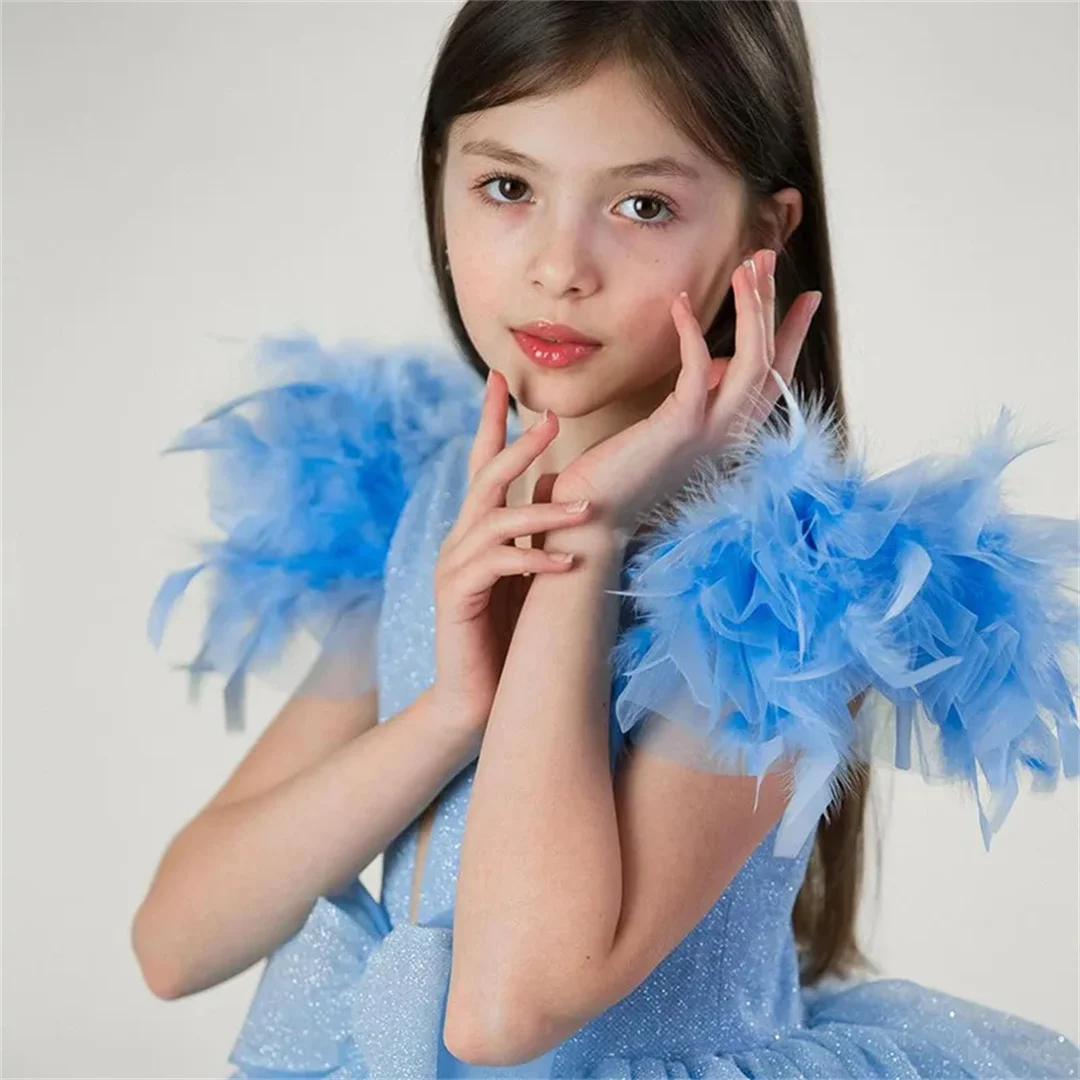 Light Blue Flower Girl Dresses for Wedding Tiered Feather Floor Length Girl Kids Birthday Party First Communion Gowns Customized