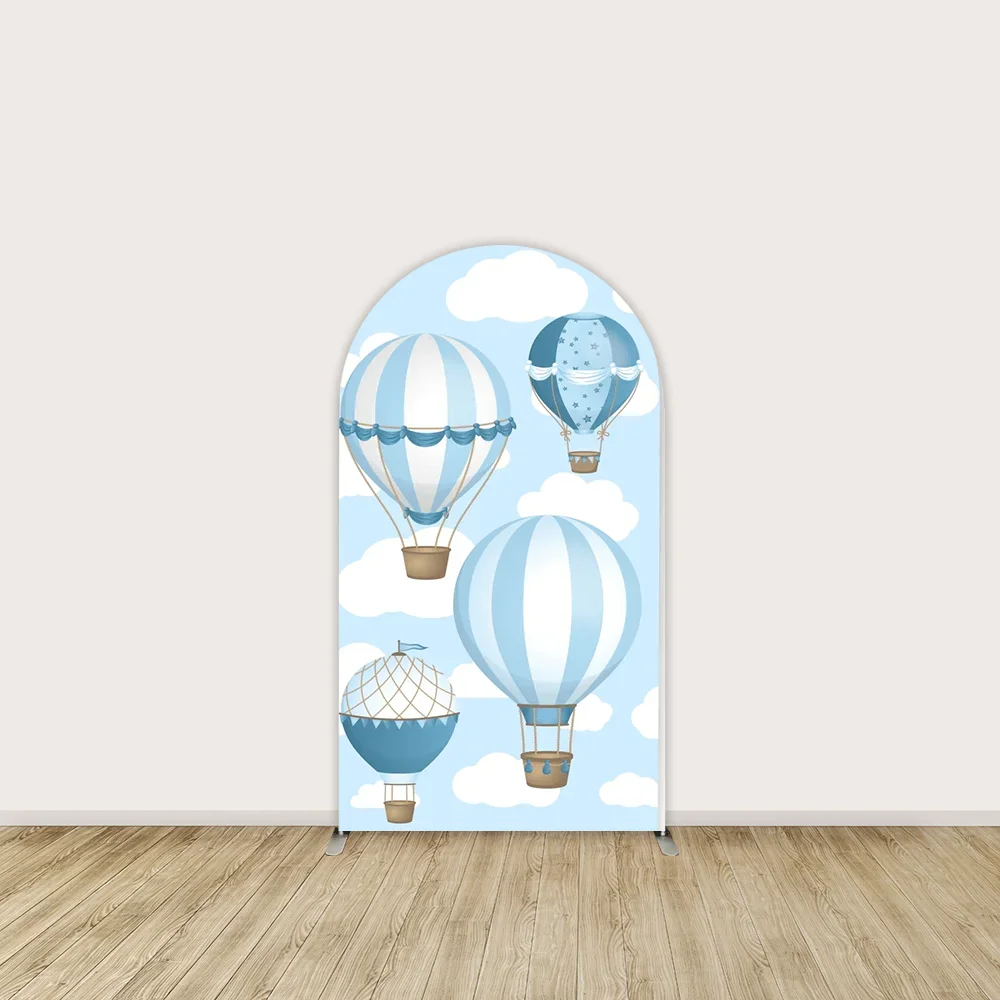 Mehofond Hot Air Balloon Baby Shower Arched Cover Backdrop Blue Clouds Newborn 1st Birthday Arch Wall Double-sided Background