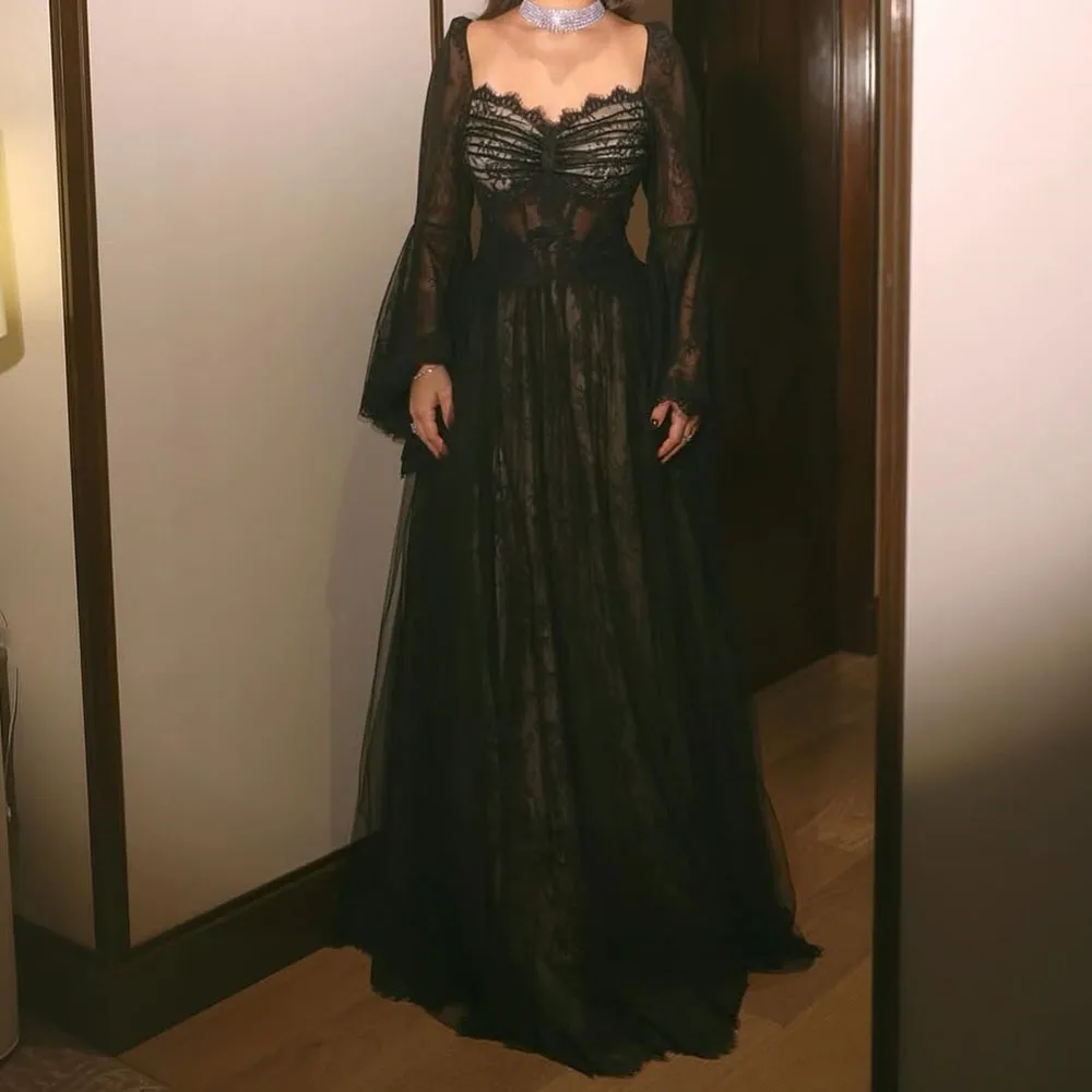 

Customized A-Line Prom Dresses Floor-Length Square Collar Full Sleeve Evening Gown Simple Fashion Lace Draped Casual Party Gown