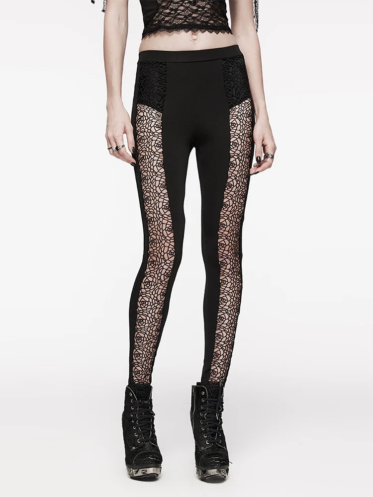 Gothic Hollow out Lace Tights Women's High Waist New Chinese Style Dark Elastic Slimming Pants Sexy Black Long Pants