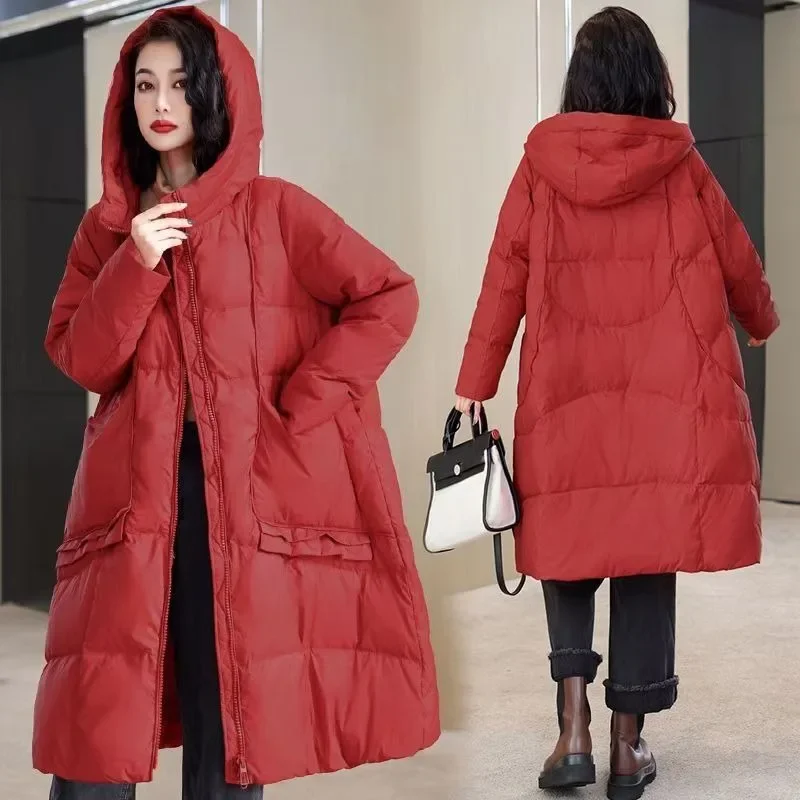 Jaqueta feminina de comprimento médio, Parkas, casaco solto, tamanho grande, outwear grosso, casaco com capuz, inverno, novo, 2024