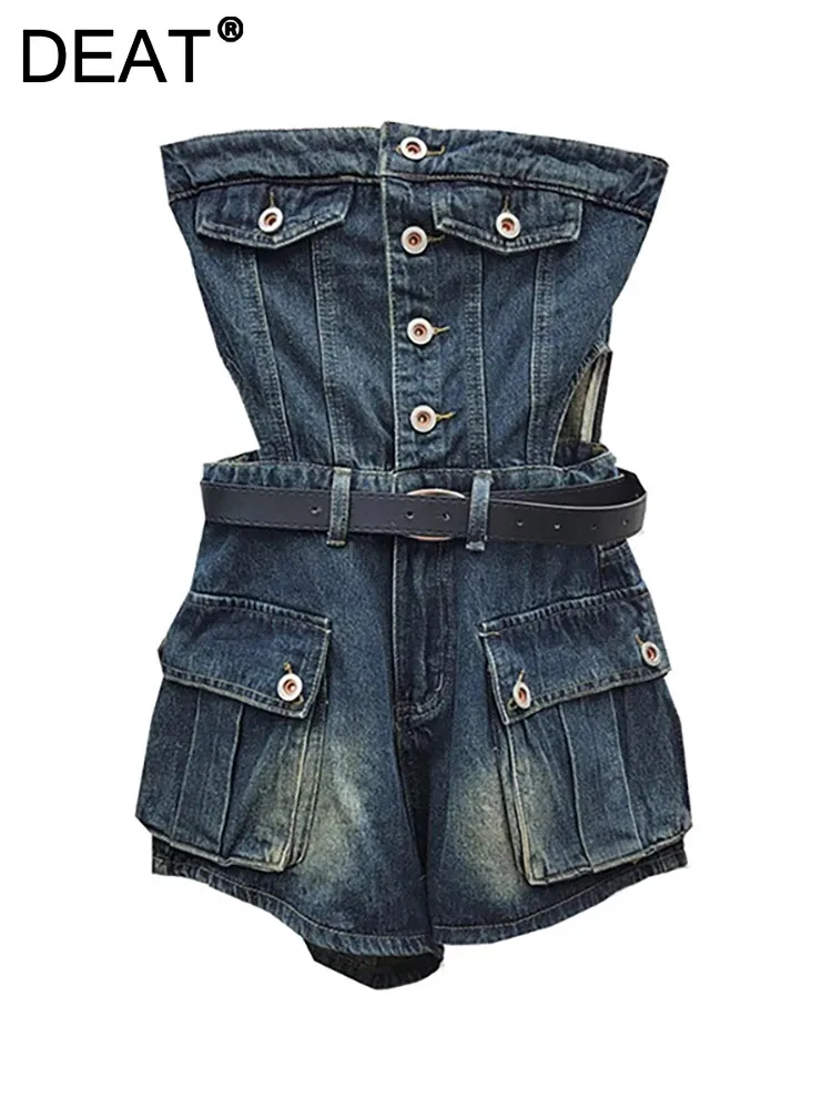 

DEAT Women Jumpsuit Hollow Out Pockets High Waist Belt Single Breasted Strapless Cargo Denim Playsuit 2024 Summer New Fashion