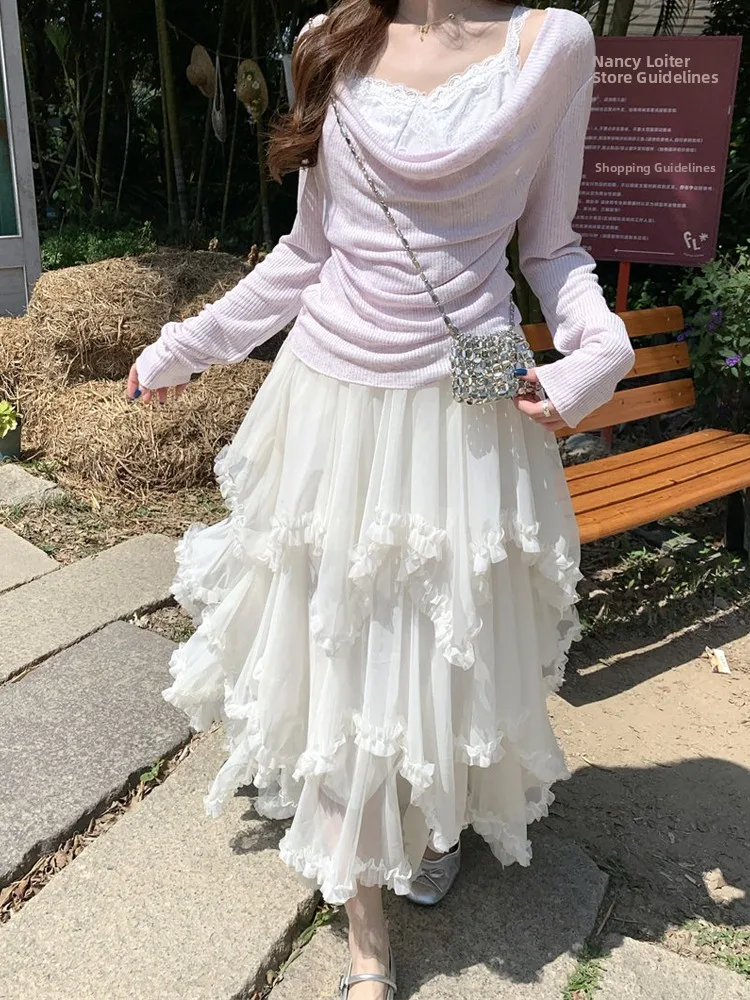 

Spring 2026 Korean Style Lace Long Sleeve Knitted Top And Skirt Set Irregular Halter Neck Two-Piece Women's Fashion Ensemble
