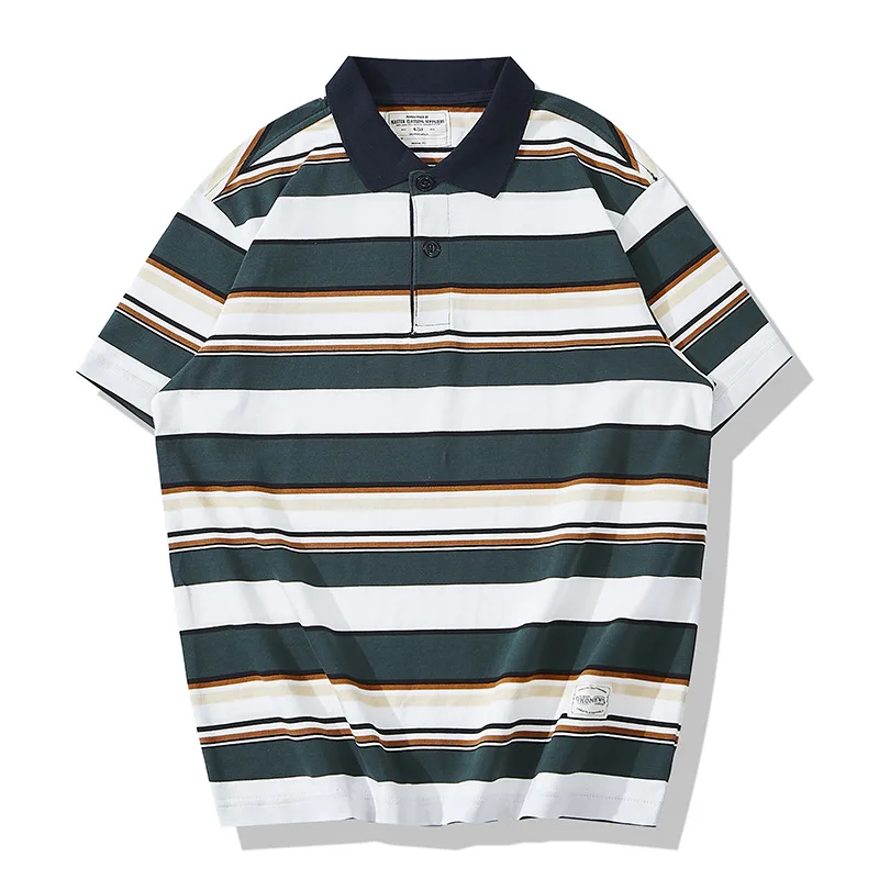 Irregular Color-blocking Lapel Thick Striped T-shirt Heavyweight Short-sleeved POLO Shirt Outdoor Hiking Camp Tooling College