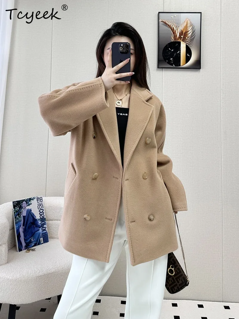 Tcyeek Wool Cashmere Blend Women Coat Double-breasted Short Length Clothes Autumn Winter (AW) Clothing Coats for Womens Classic