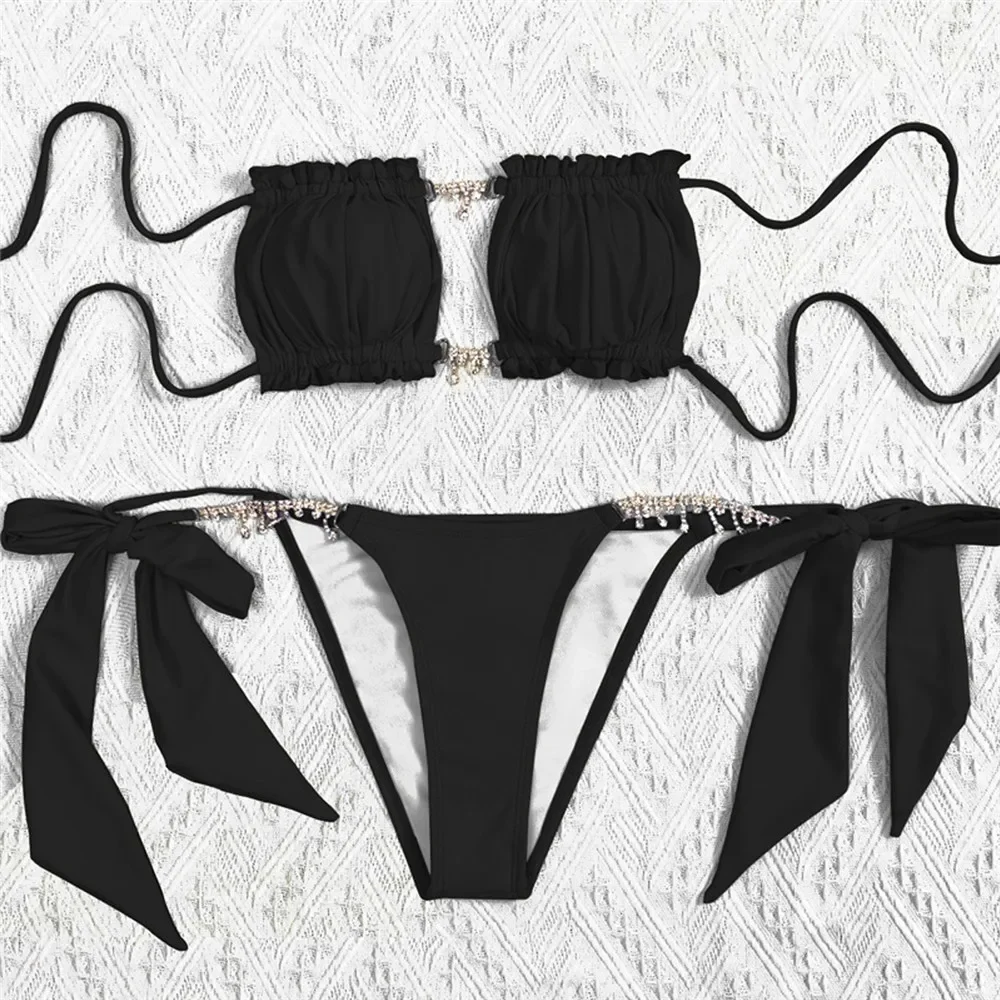 Bikini Thong mikro rantai berlian imitasi seksi pakaian renang Wanita ruffle Bandeau pakaian renang baju renang bersimpul setelan berenang Bikini Set 2024