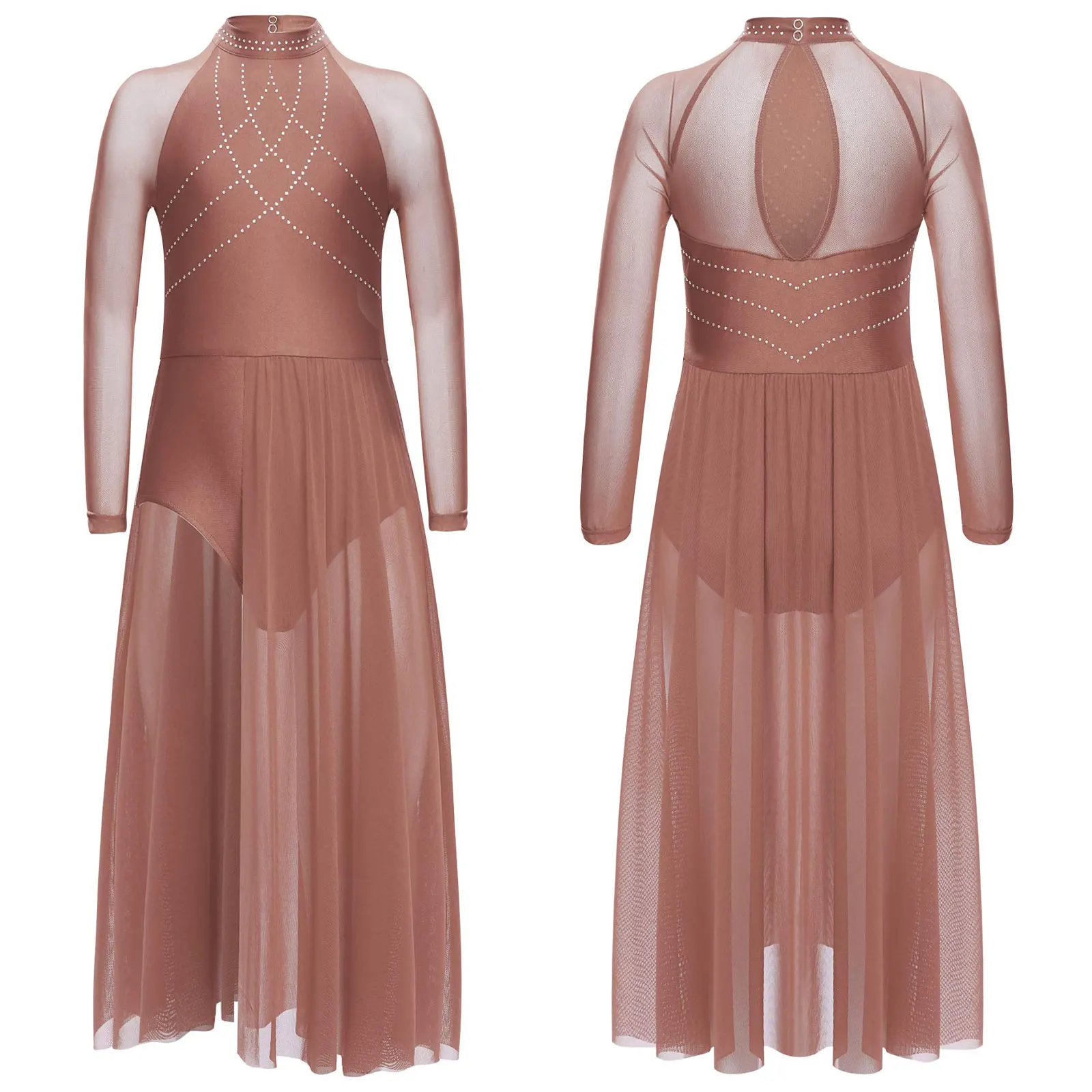 

Kids Girls Lyrical Dance Performance Costume Rhinestones Long Sleeve Split Dress Leotard Modern Gymnastics Skating Dancewear