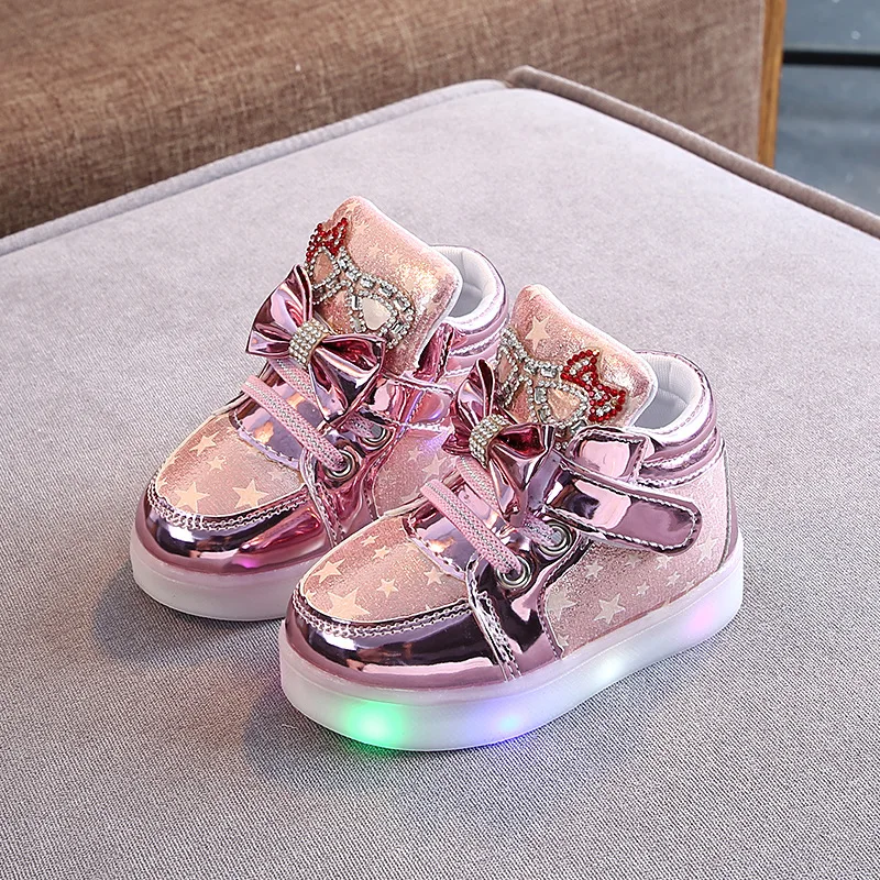 Kids Baby Infant Girls Crystal Bowknot LED Luminous Shoes Sneakers Butterfly Knot Cute Casual Wear Little White Baby Girl Shoes