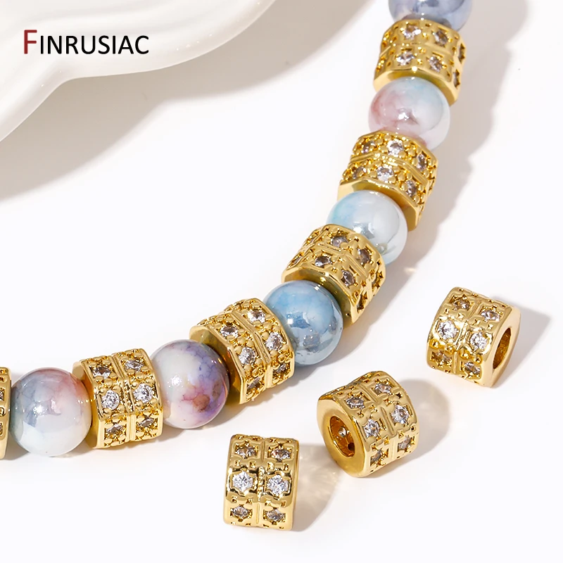 Großhandel mit 18 Karat vergoldeten Messing-Abstandsperlen mit großem Loch, Zirkon-Trenner-Perlen für Armbänder, DIY-Schmuckherstellungszubehör – Detail 28