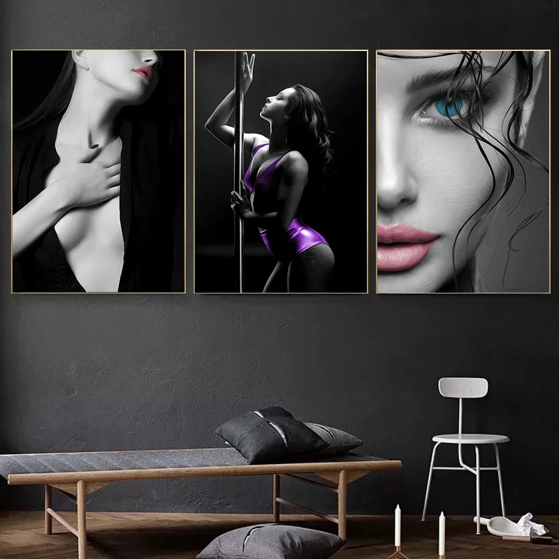Black and White Sexy Lady Poster and Picture Seaside Bikini Women Canvas Painting Sensuality Female Suit Red Lip Wall Home Decor