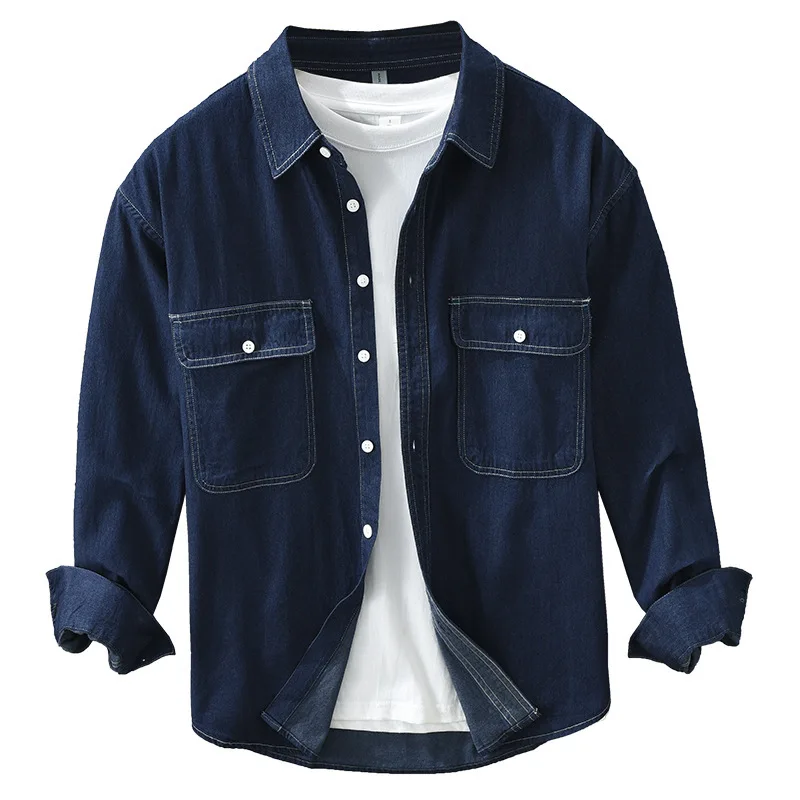 Japan Style Washed Cotton Denim Shirts for Men 2024 Spring Fashion Long Sleeve Soft Loose Blouses for Youth Male Casual Coats