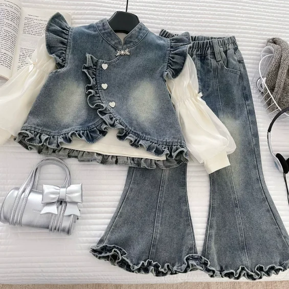 

Girls' Cowboy Vest Set Autumn 2025 New Style Children's Stylish Shirt Hairbeard Wide Leg Pants 3-Piece Set