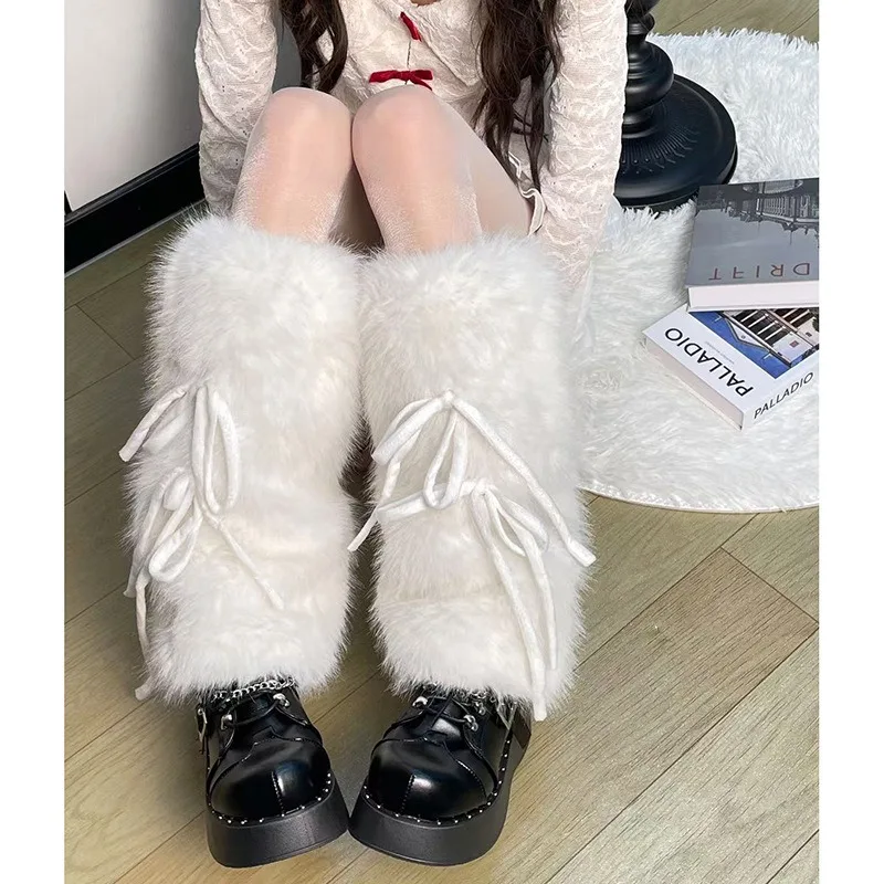 

JK Girls Boot Cuffs Leg Warmers Women Winter Warm Harajuku Sweet Ribbon Bowknot Furry Plush White Boot Cover Long Socks